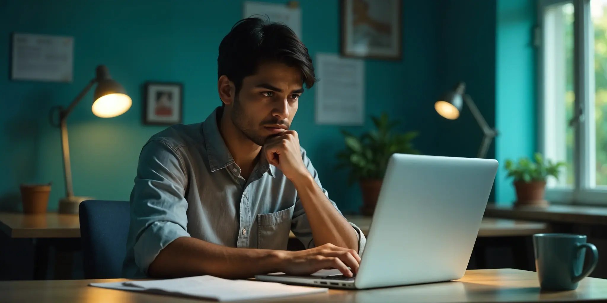 An Indian student sitting at their desk, using their laptop.
