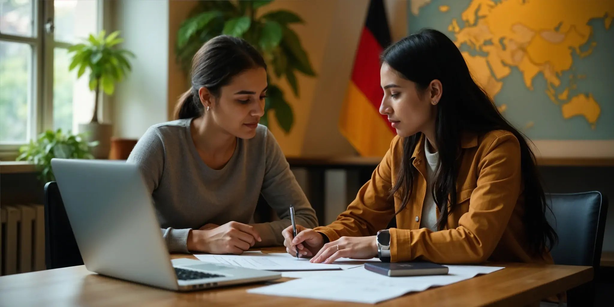 Two Indian students sitting at a table, figuring out their visa application for Germany.