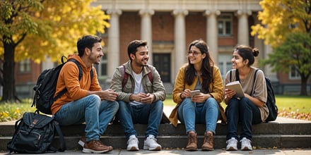 Indian university students sitting together outside campus building 
