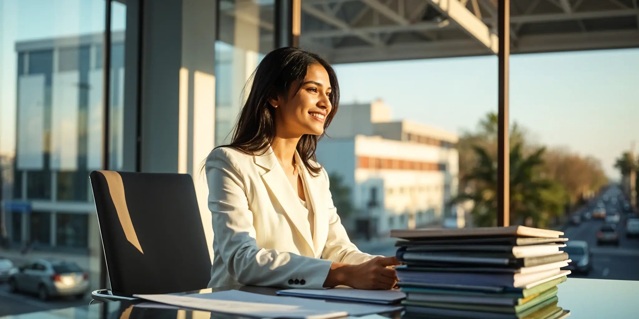 A young Indian woman sits confidently at her desk in an office, reviewing documents on her computer. 