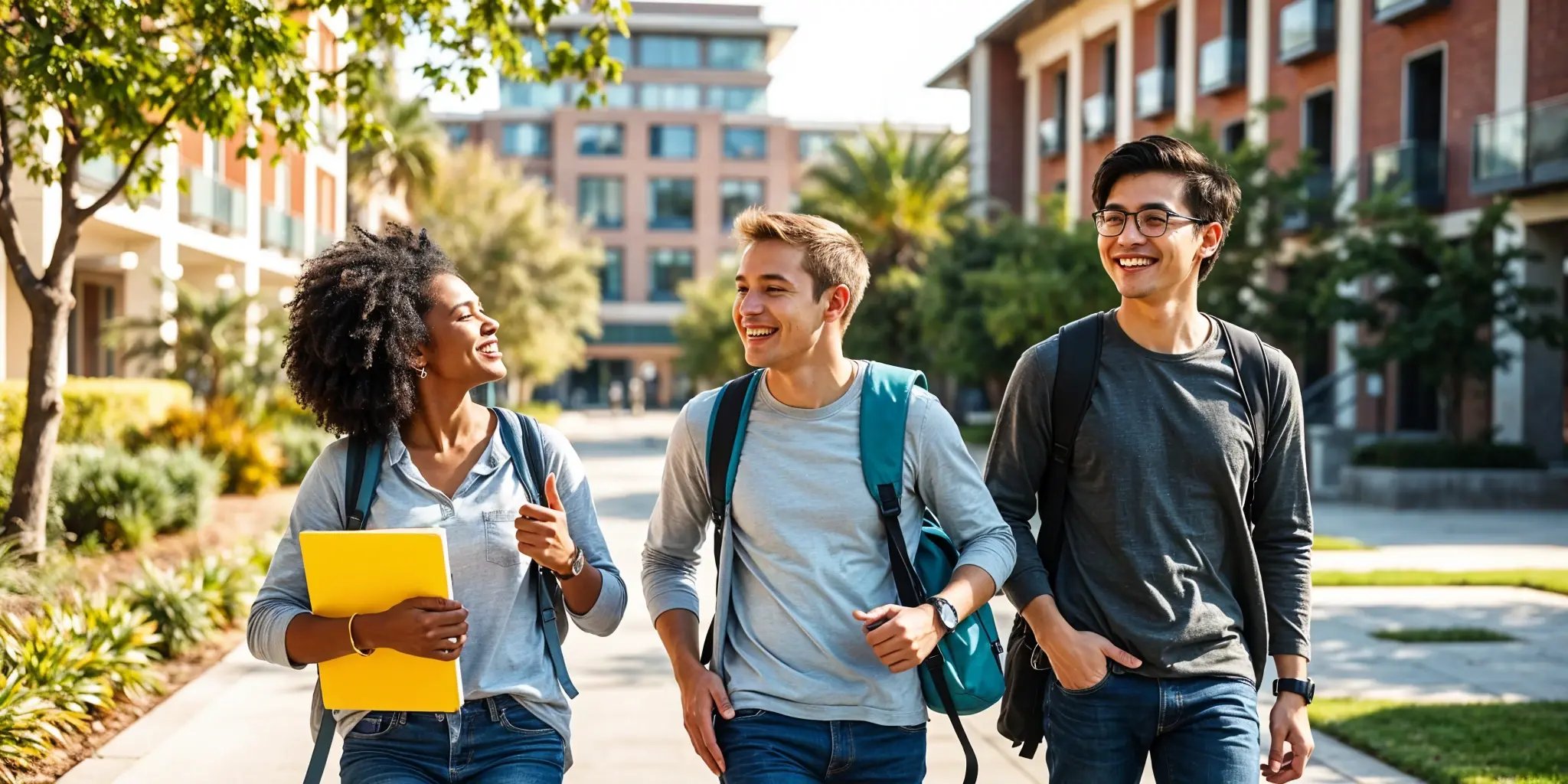 Three university students, two male and one female, are engaged in conversation as they walk together across a university campus.
