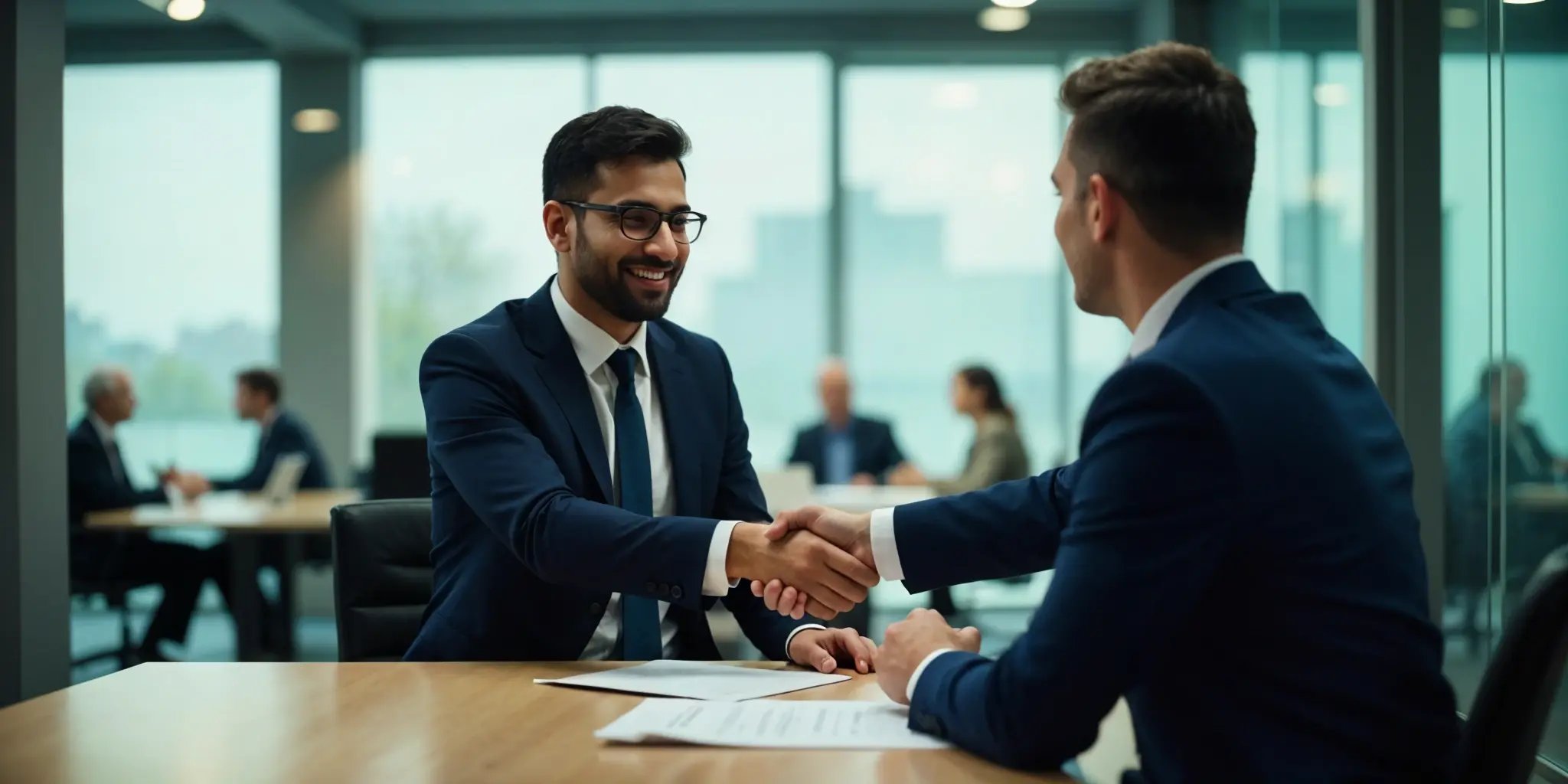 A recent graduate Indian man is sitting and shaking another person's hand after a job interview.