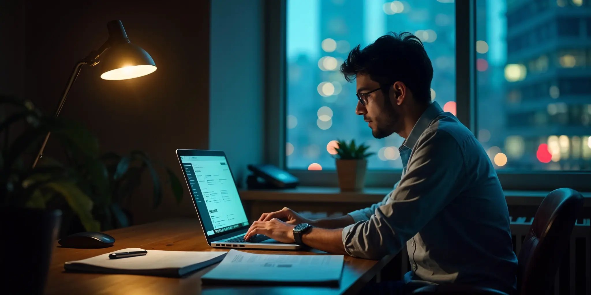 An Indian man is sitting at their desk and searching for something on the laptop.