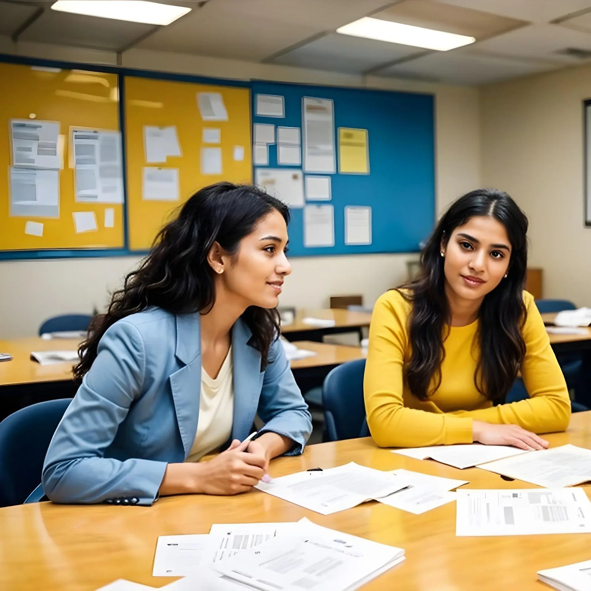 two girls studying management in a work room. 