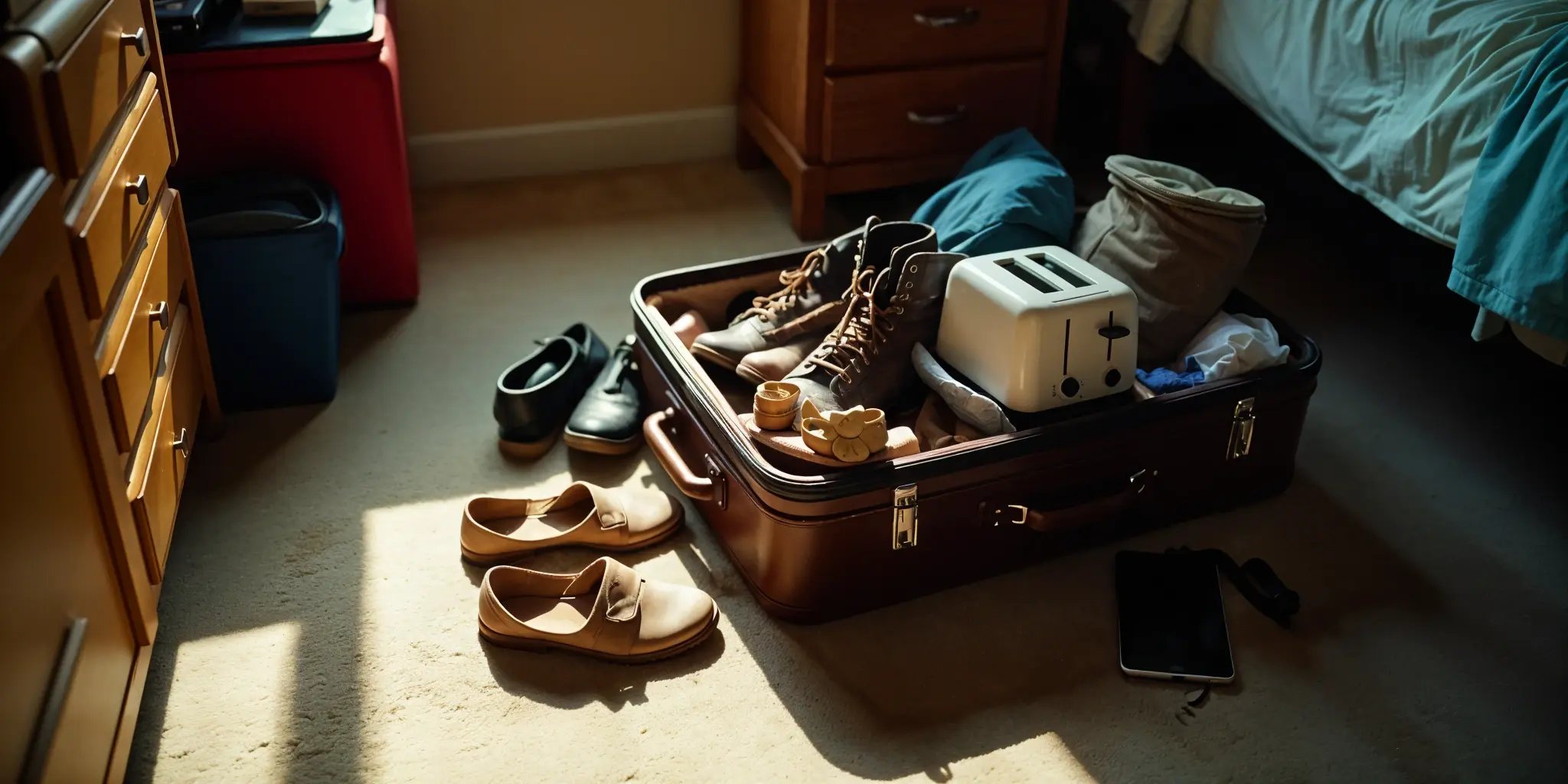 A suitcase on the floor in a cluttered space, overflowing with clothes and other items spilling out.