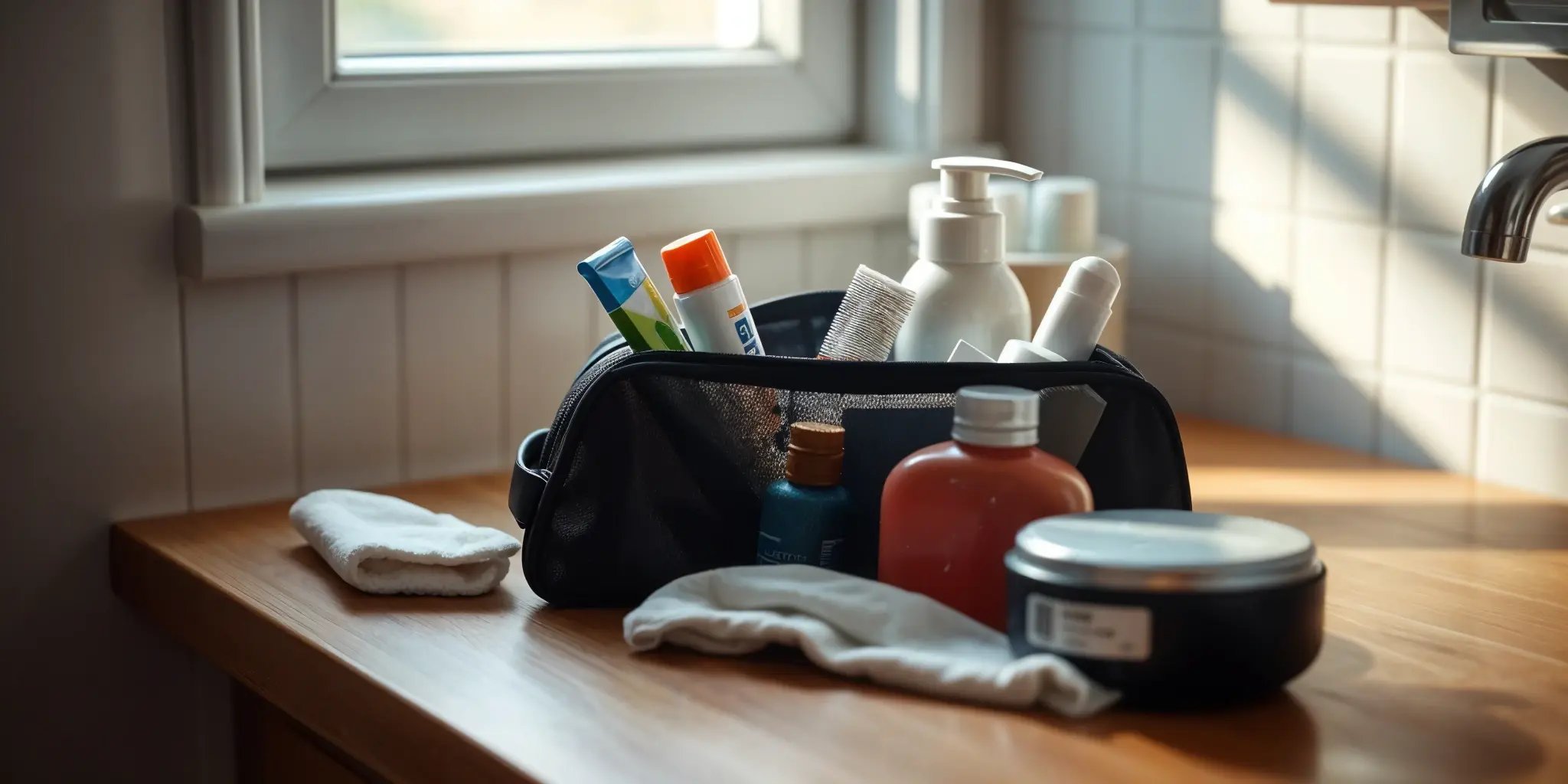 A close-up shot of a toiletry bag filled with various hygiene products, such as shampoo, toothpaste, and a toothbrush.
