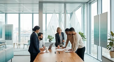 German employer sitting with work candidates, reviewing documents. 