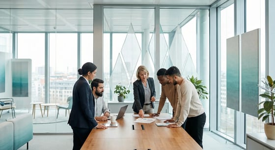 German employer sitting with work candidates, reviewing documents. 