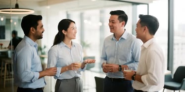 internationals standing in an office and talking to one another