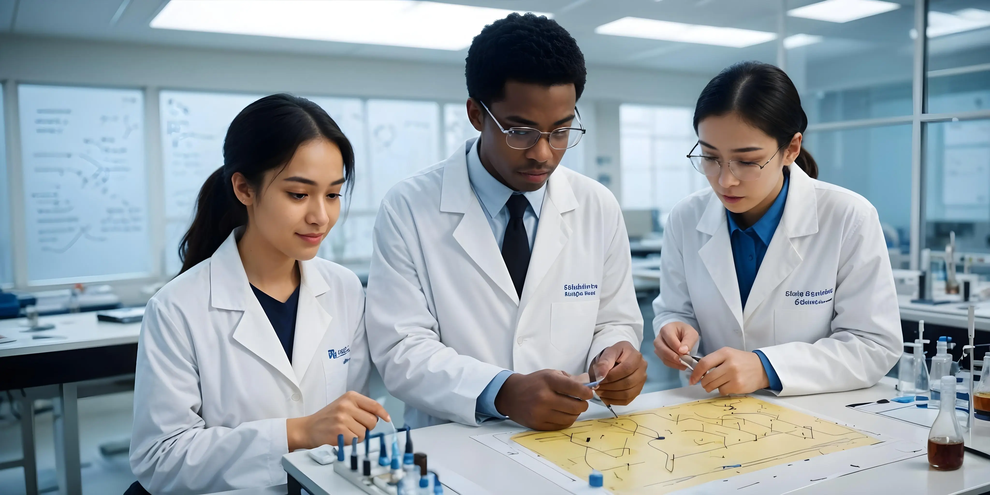 Three international students working in a physics lab.