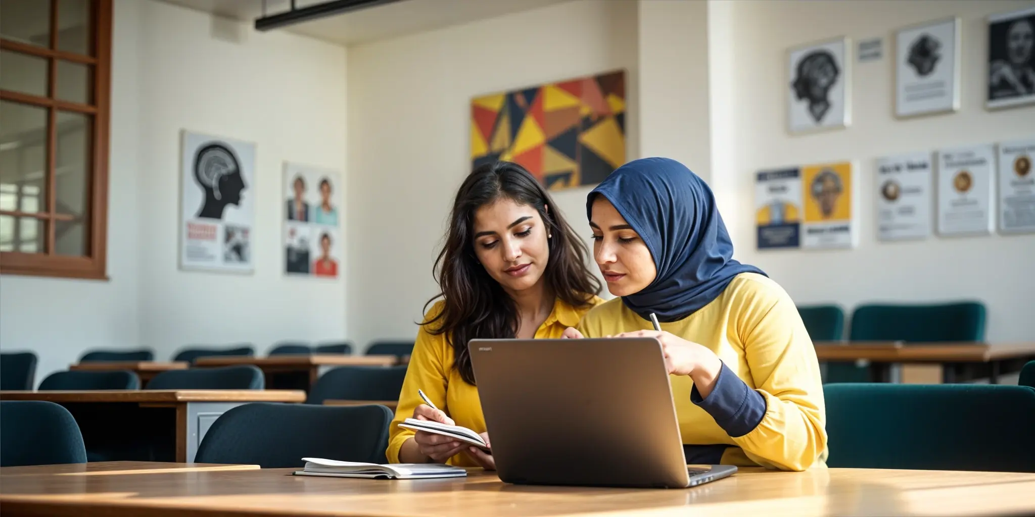 Two students sitting in a classroom and studying psychology.