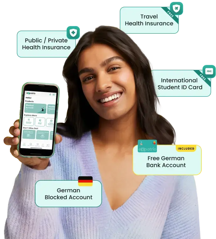 Expatrio Value Package perks listed around a girl in a purple jumper holder her phone wih the Expatrio app open