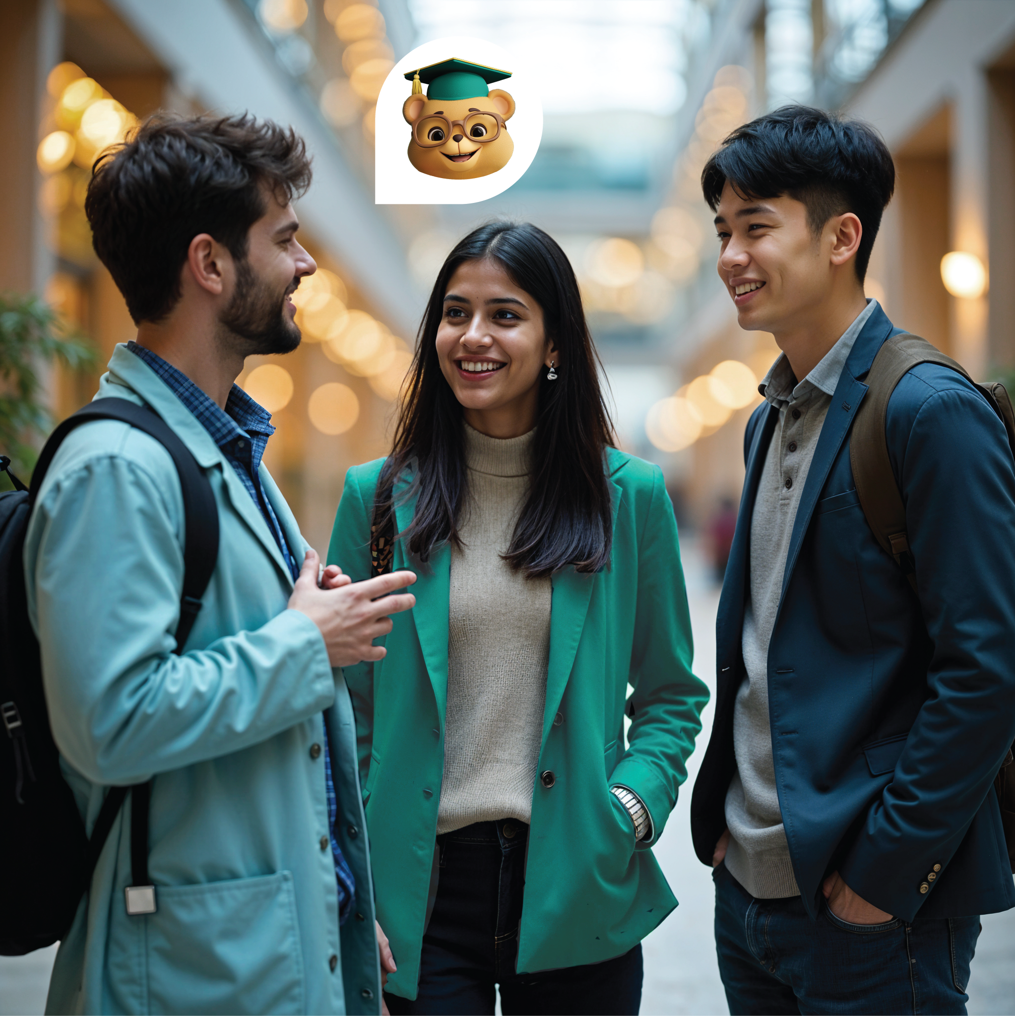Three students discussing universities with one another.